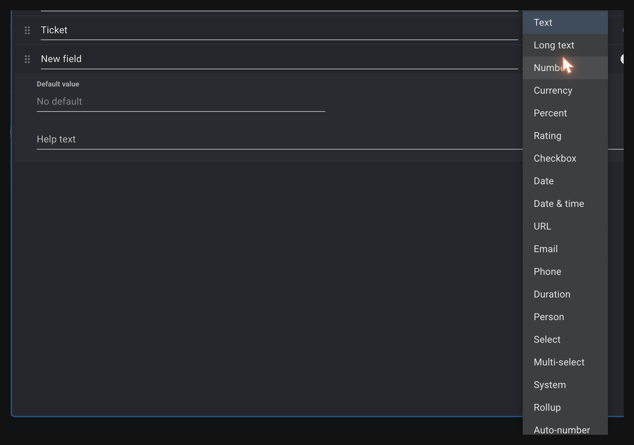 Adding a new field and choosing its type
