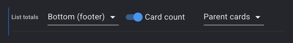 The list totals and card count controls