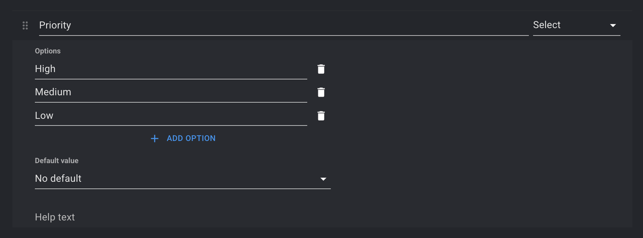 Defining options for a Select field