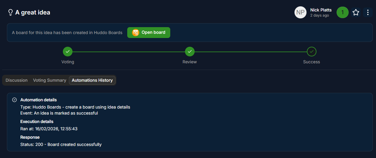 Board link and webhook response