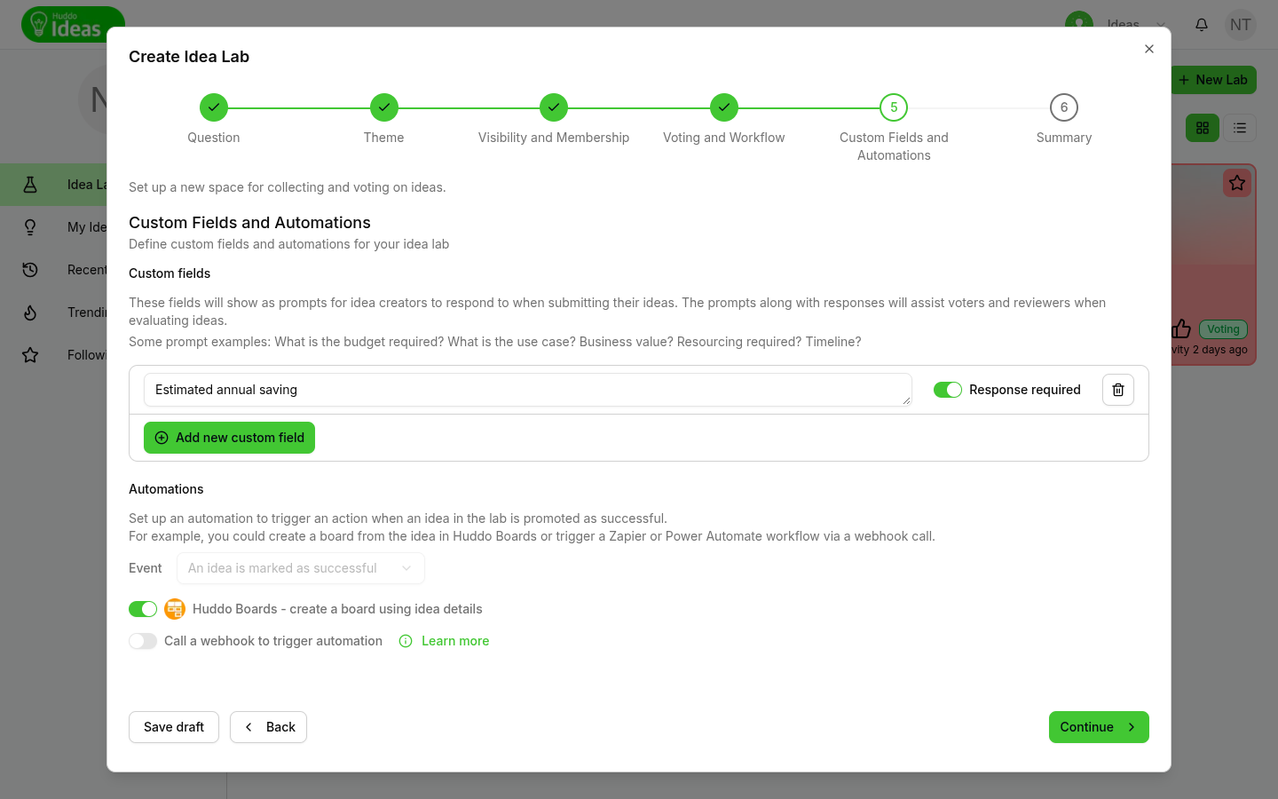 The Custom Fields and Automations step