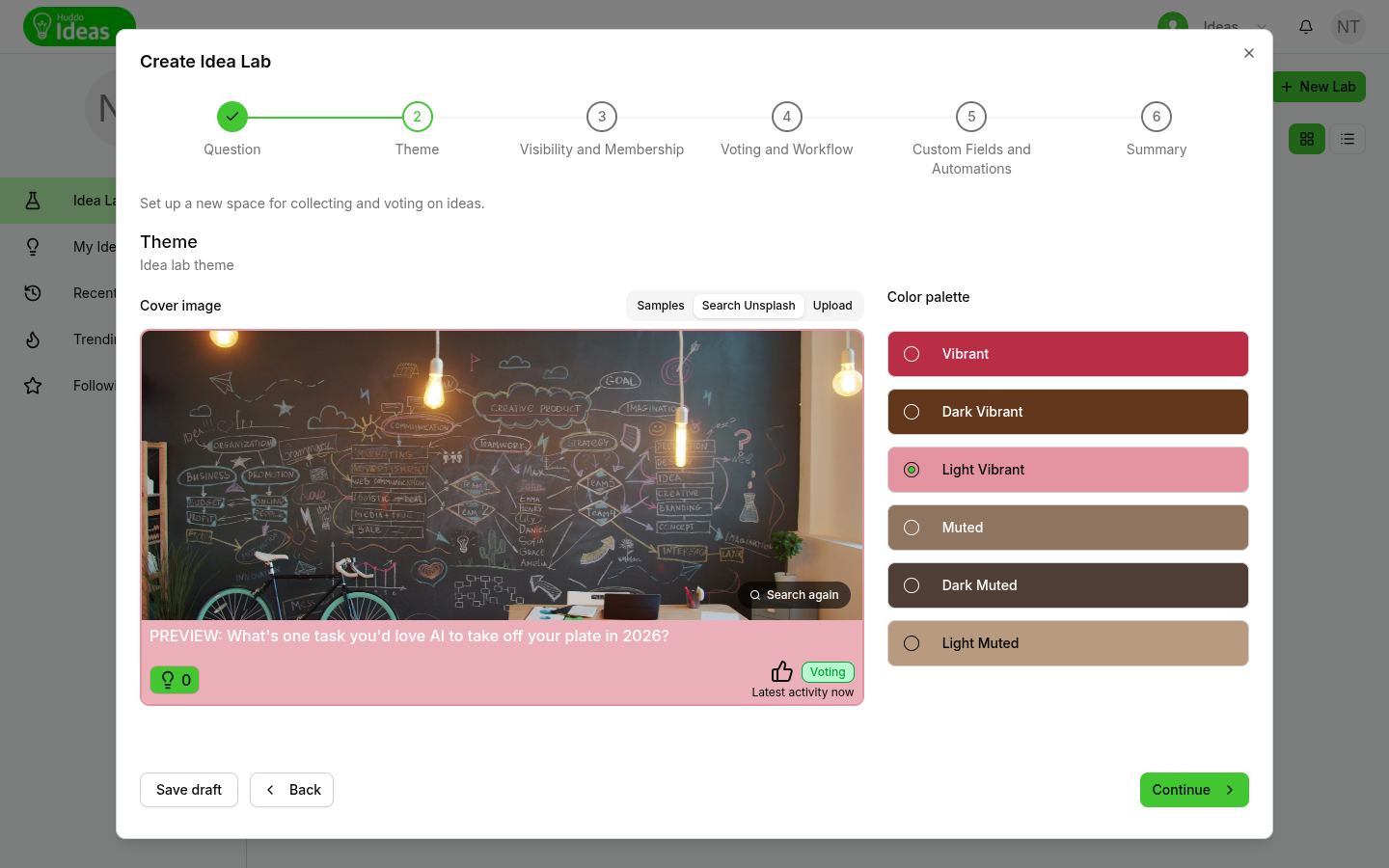 The Theme step with a cover image and colour palette