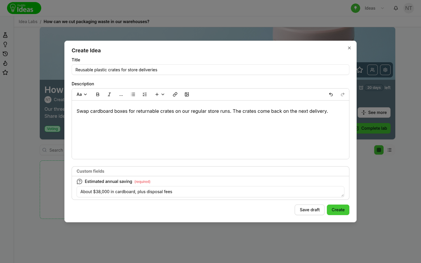 Answering a custom field in the Create Idea form