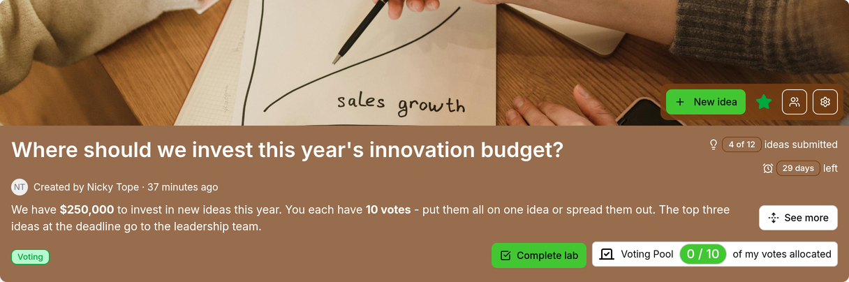 The lab header with the question, creator, description and workflow details