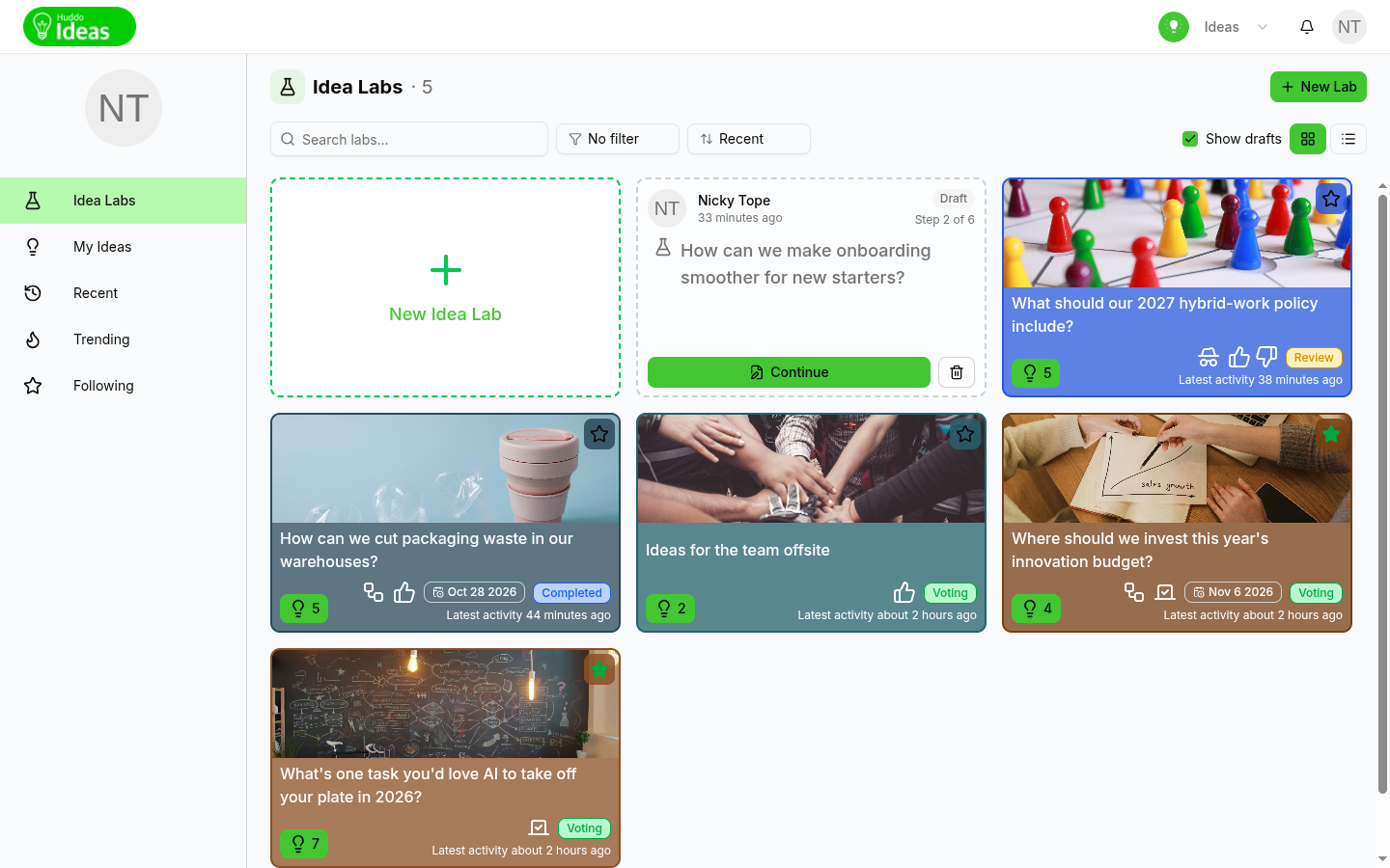 The Idea Labs page with the sidebar on the left