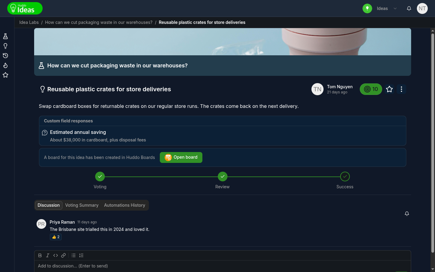 An idea page with the Open board banner and the progress bar