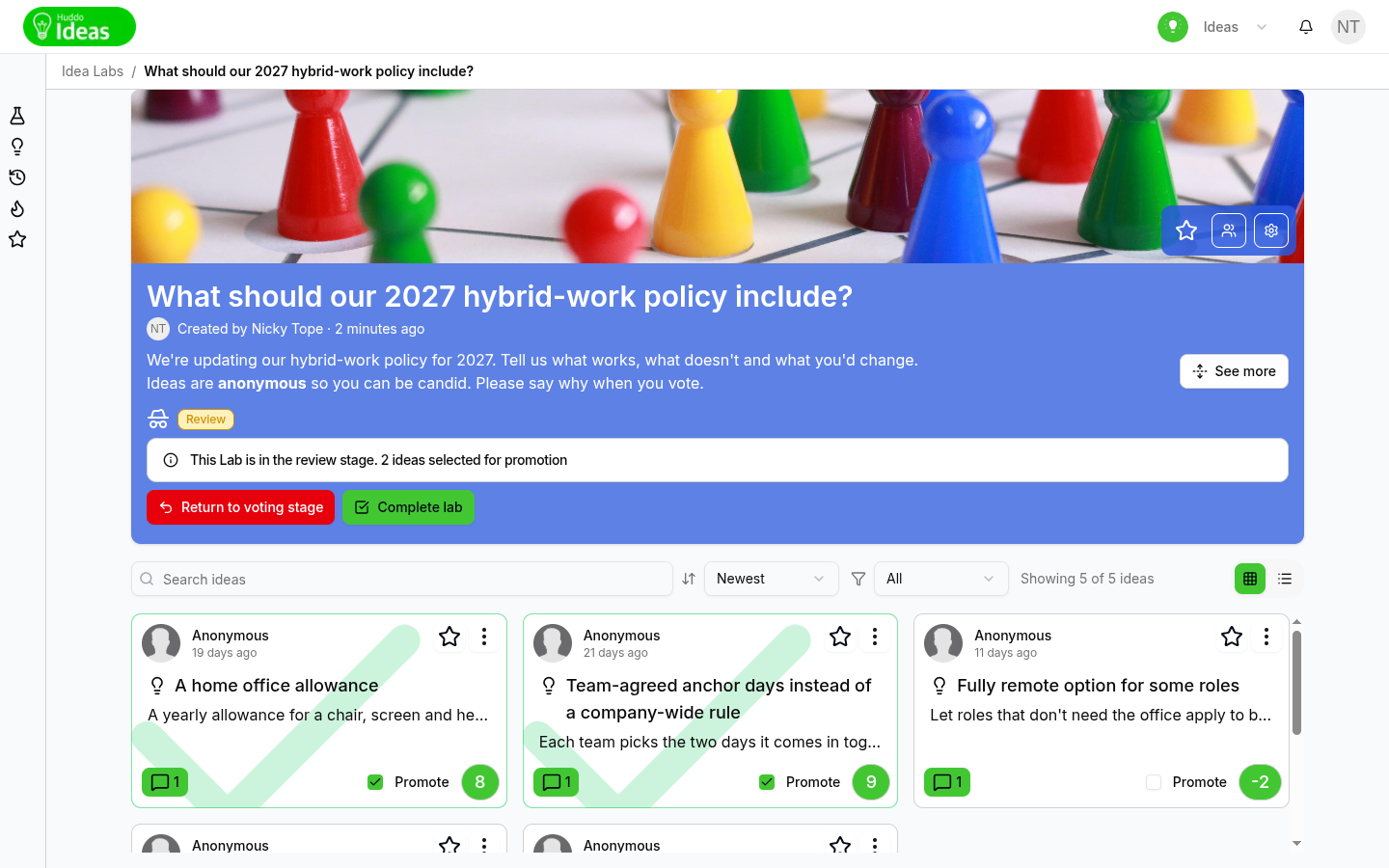 A lab in the review stage with ideas selected for promotion