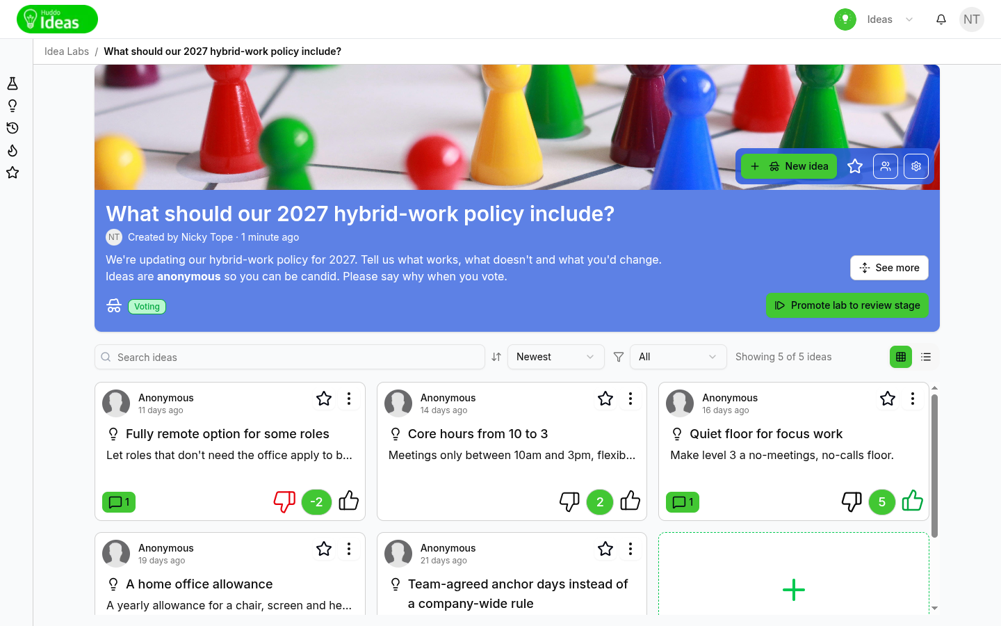 Thumbs-up and thumbs-down voting on idea cards