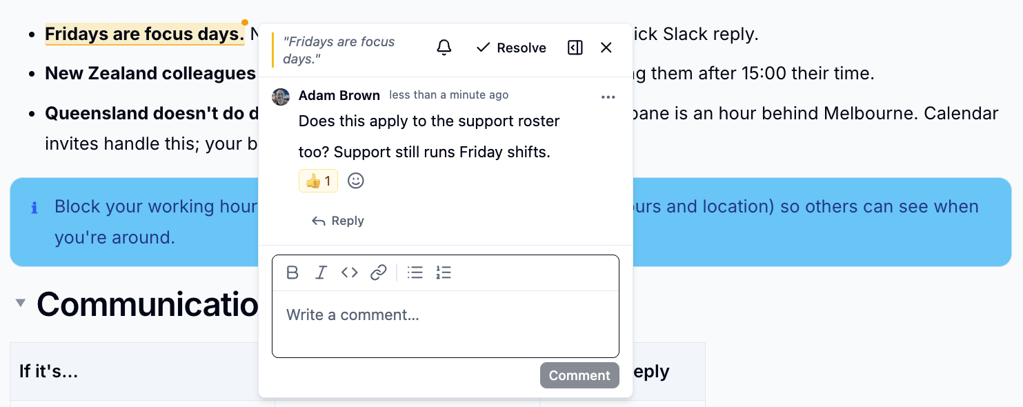 A comment thread with reply and resolve options