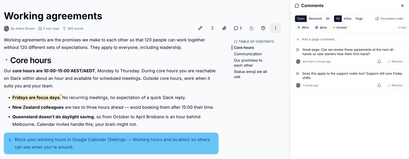 The Comments panel beside a page