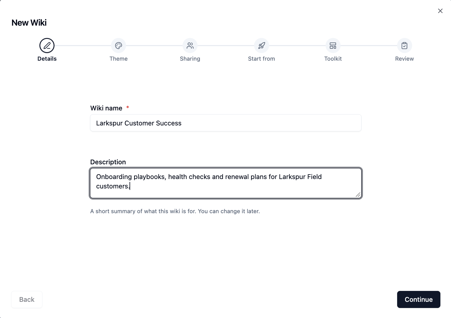The Details step of the New Wiki wizard