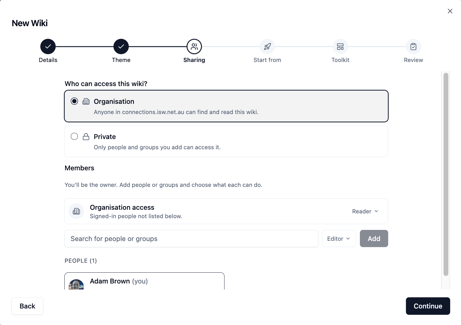 The Sharing step with Organisation and Private options