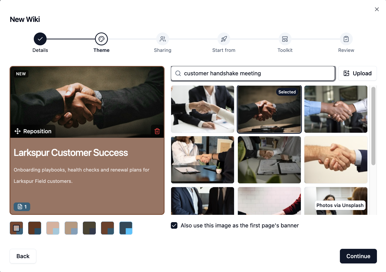 The Theme step with a banner image selected