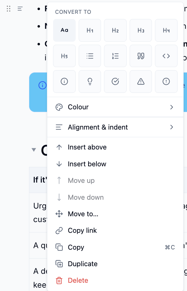The block options menu