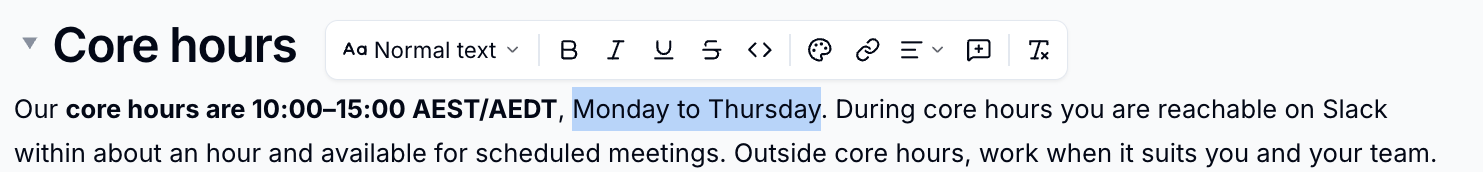 The formatting toolbar above selected text