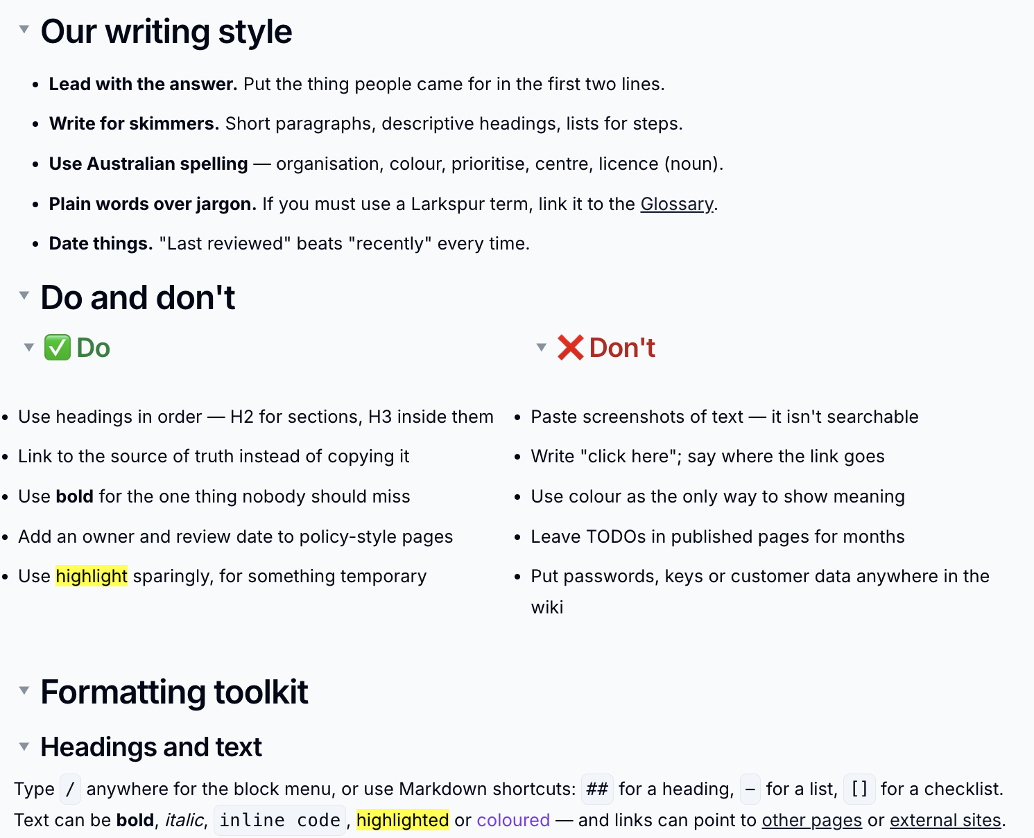 A page using headings, colour, lists and a code block