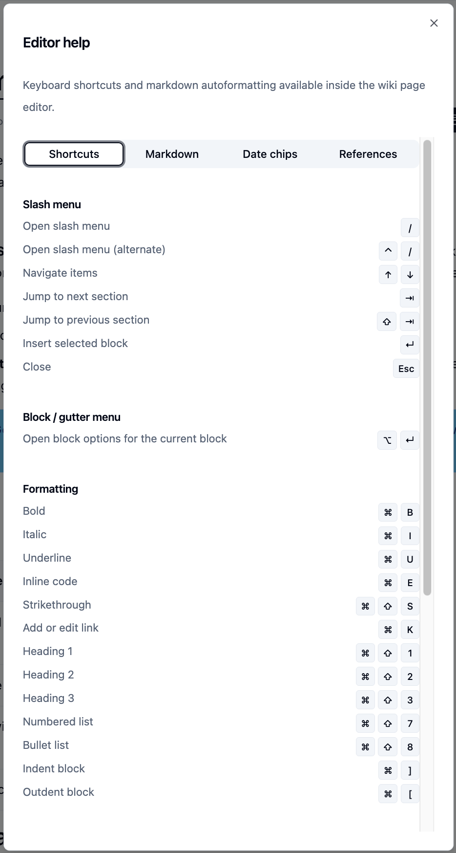 The Editor help dialog