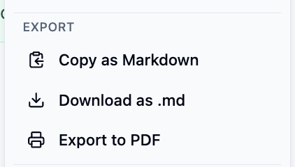 The Export options in the page menu