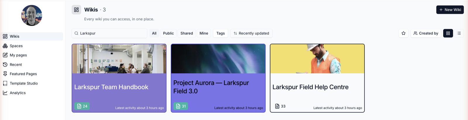 The Wikis home page filtered to one wiki