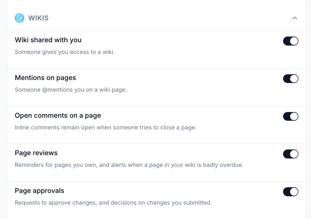 The Wikis section of notification preferences