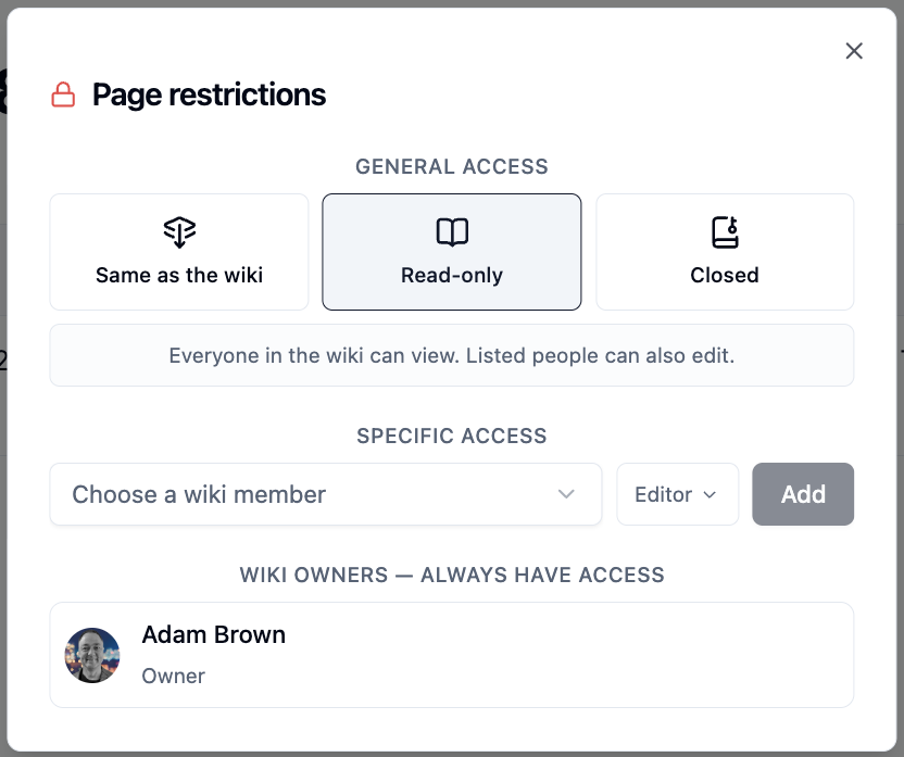 The Page restrictions dialog