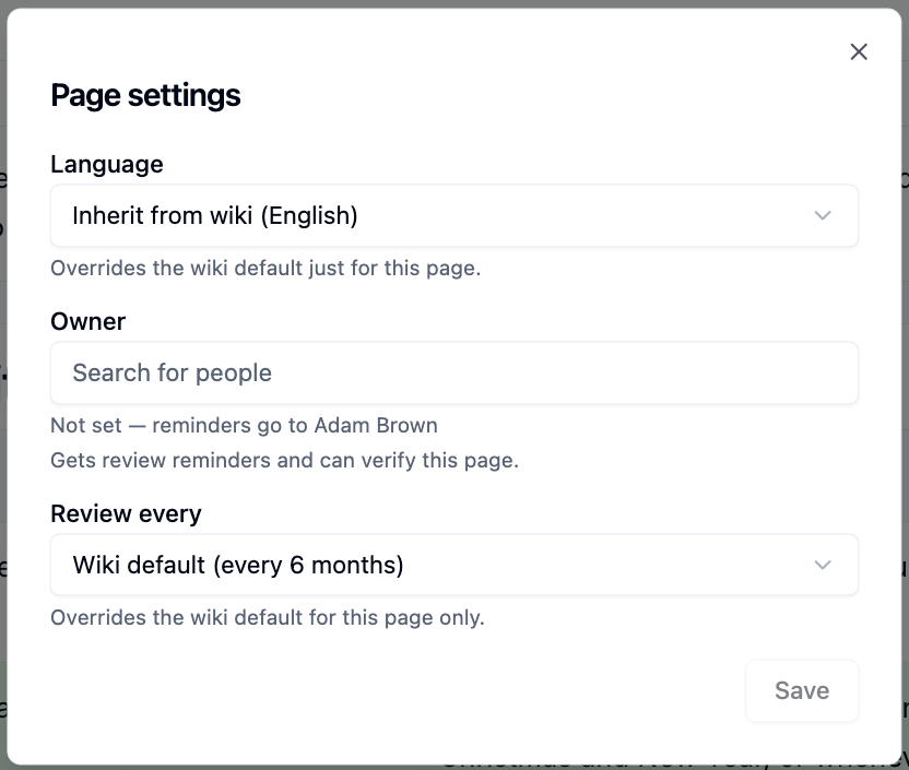 The Page settings dialog