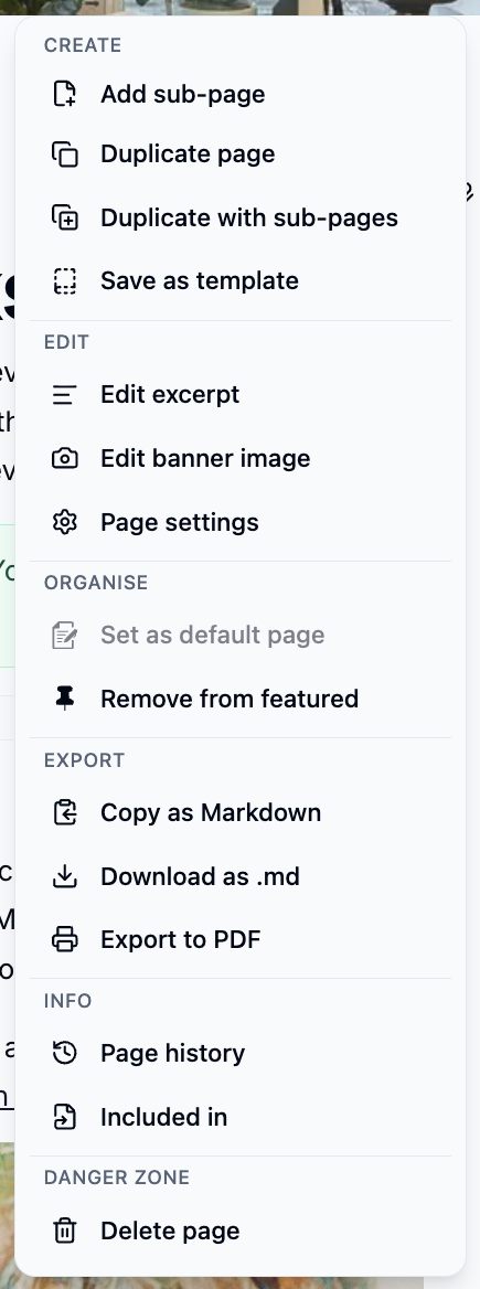 The Page options menu