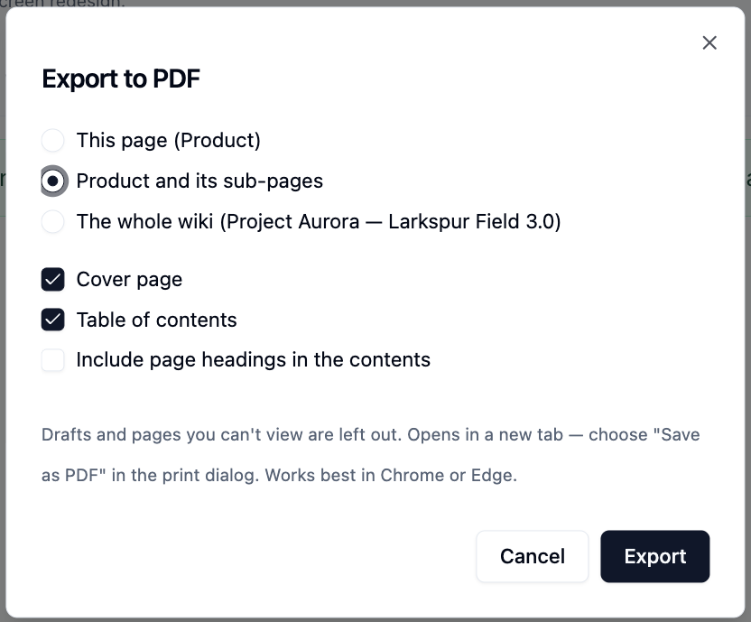 The Export to PDF dialog