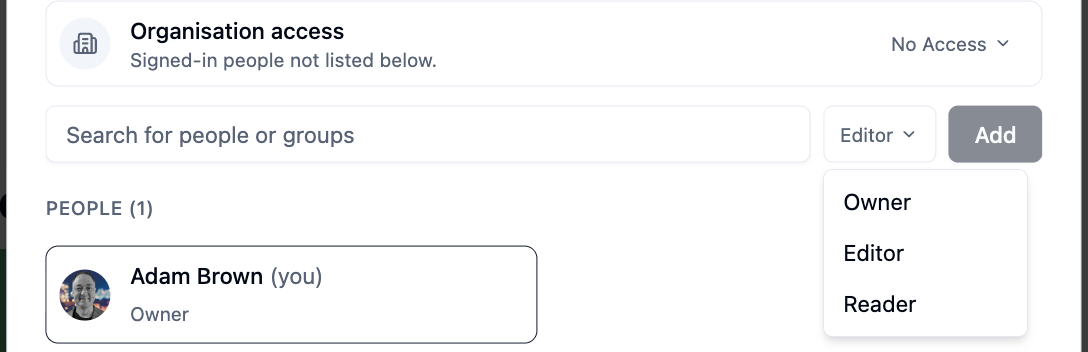 The role picker showing Owner, Editor and Reader