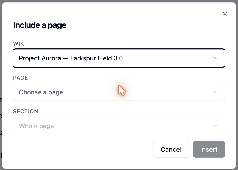 The Include a page dialog