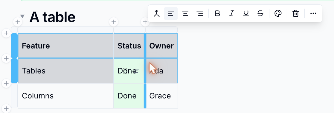 The table cell toolbar