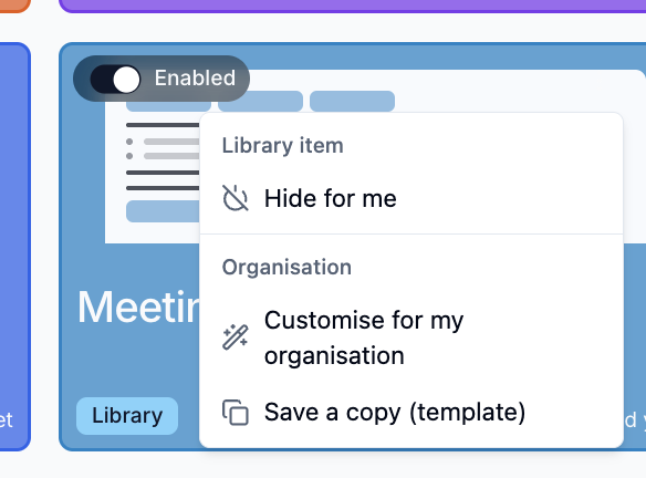 The actions menu on a library template