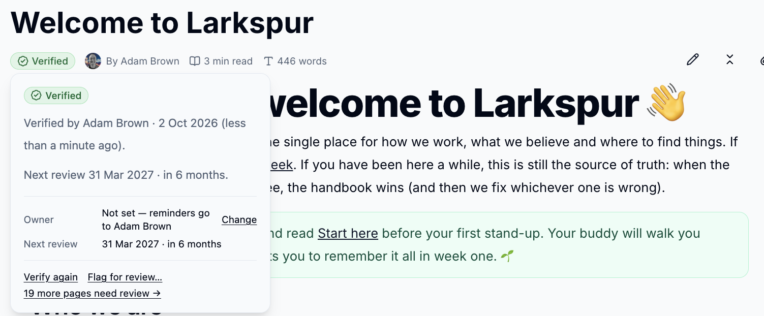 A verified page with its badge details open